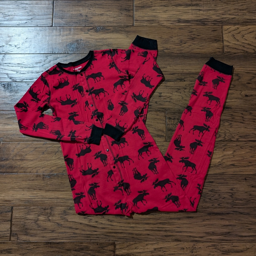 Kids Hatley little Blue House onesie union suit pajamas red moose print size 14